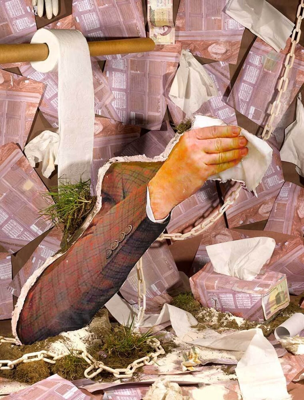 a collage featuring an arm in a suit jacket holding a tissue surrounded by boxes of tissues and a roll of toilet paper titled, Hotbed, by Sheida Soleimani