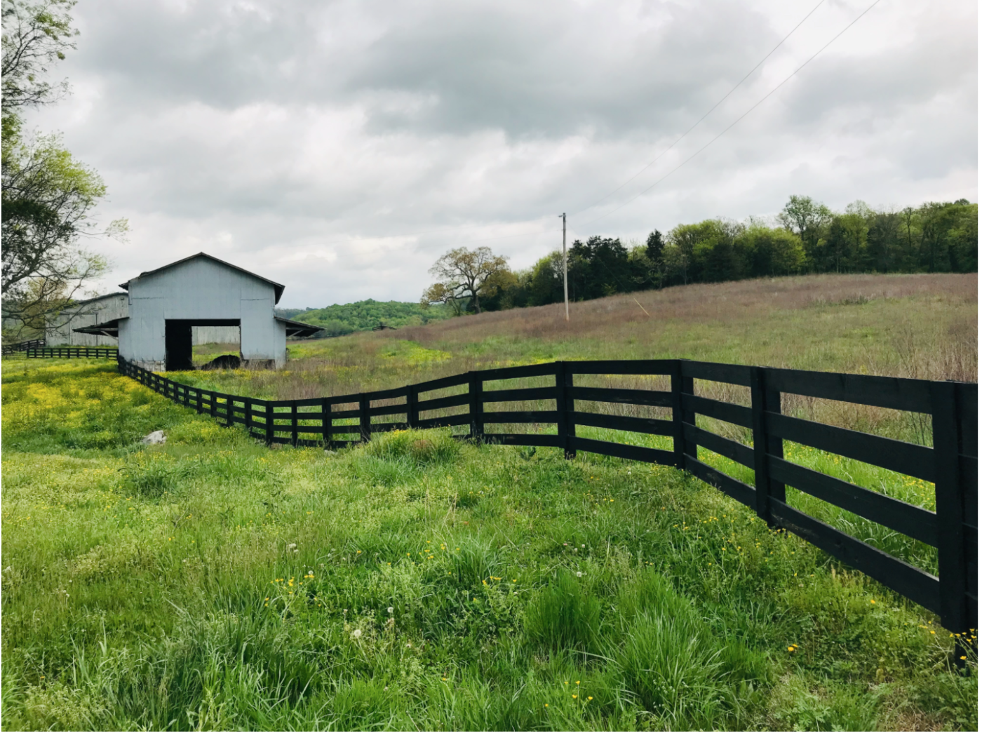 rolling greens, wood fence, and a white boarded barn